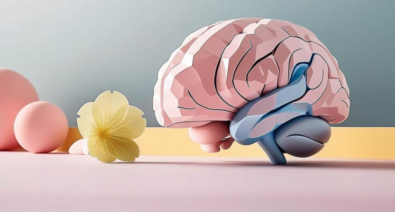 Ilustración de un cerebro en tonos pastel rosa y azul, acompañado de una flor amarilla. Representa el cuidado de la salud mental y la importancia de la psicología y la neuropsicología. Transmite la necesidad de la psicoterapia o la terapia psicológica para abordar problemas psicológicos como trastornos de ansiedad, y otros trastornos emocionales.