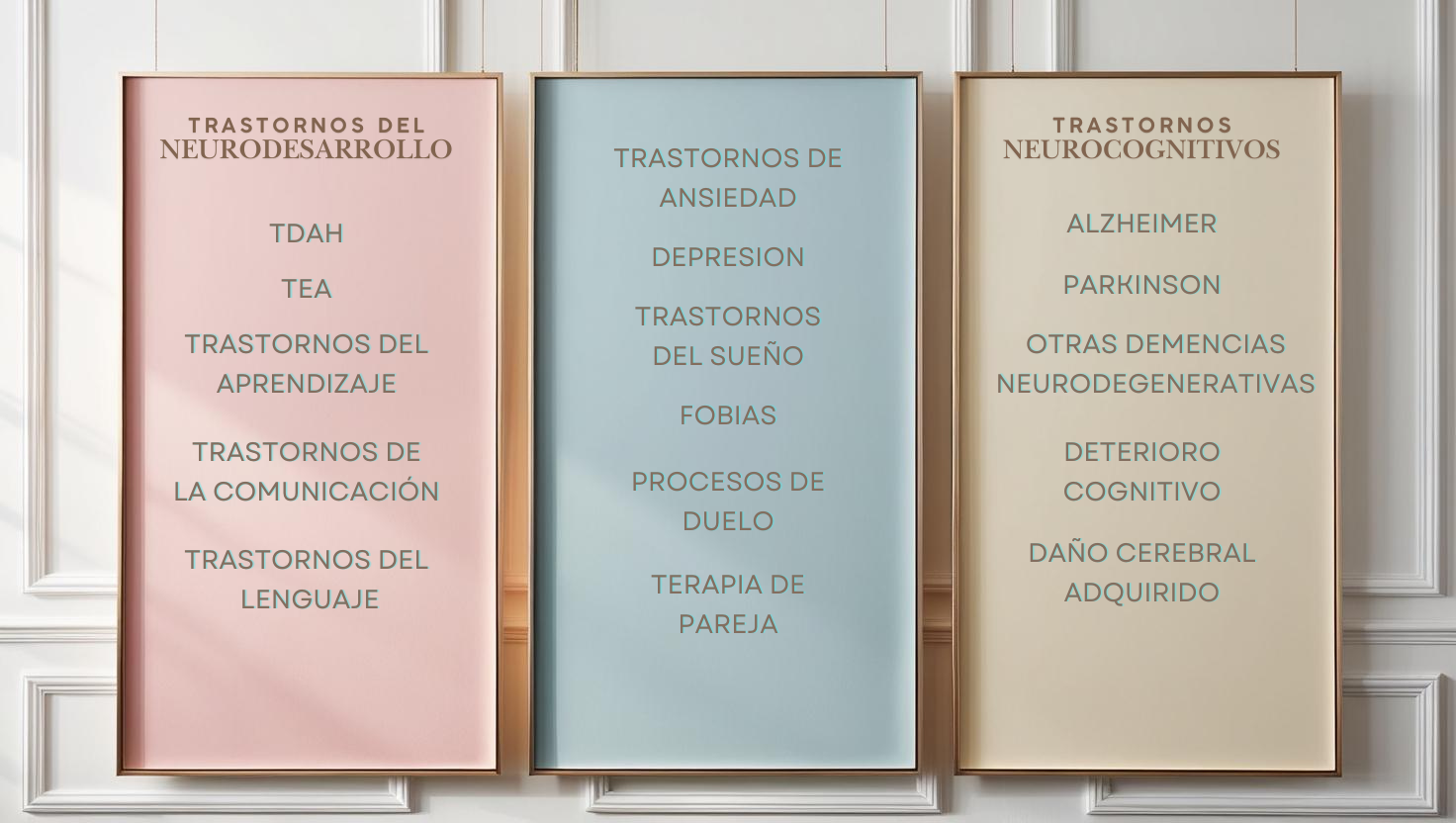 Imagen con tres pizarras colgadas en una pared blanca. Cada pizarra representa diferentes áreas de intervención psicológica: en rosa pastel, trastornos del neurodesarrollo como TDAH, TEA, dislexia, trastornos del lenguaje y de la comunicación; en azul pastel, trastornos emocionales como depresión, ansiedad, fobias, duelo, insomnio y problemas de pareja; y en beige, trastornos neurodegenerativos como Alzheimer, Parkinson, otras demencias, deterioro cogntivo y daño cerebral adquirido. 