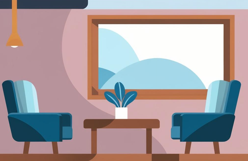 Ilustración de consulta psicológica acogedora con sofás azules y decoración suave. Imagen representativa de la atención presencial que se ofrece en Santa Cruz de Tenerife.